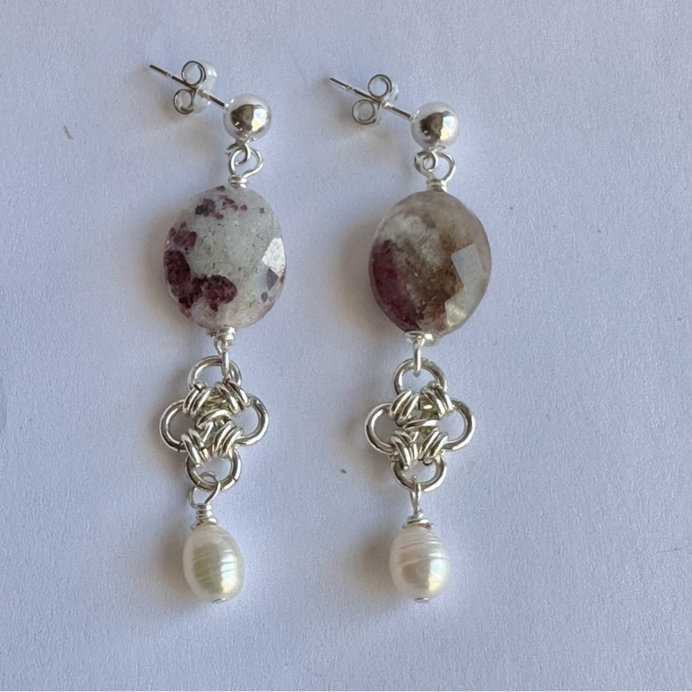Pink Tourmaline and Pearl Sterling Silver Earring